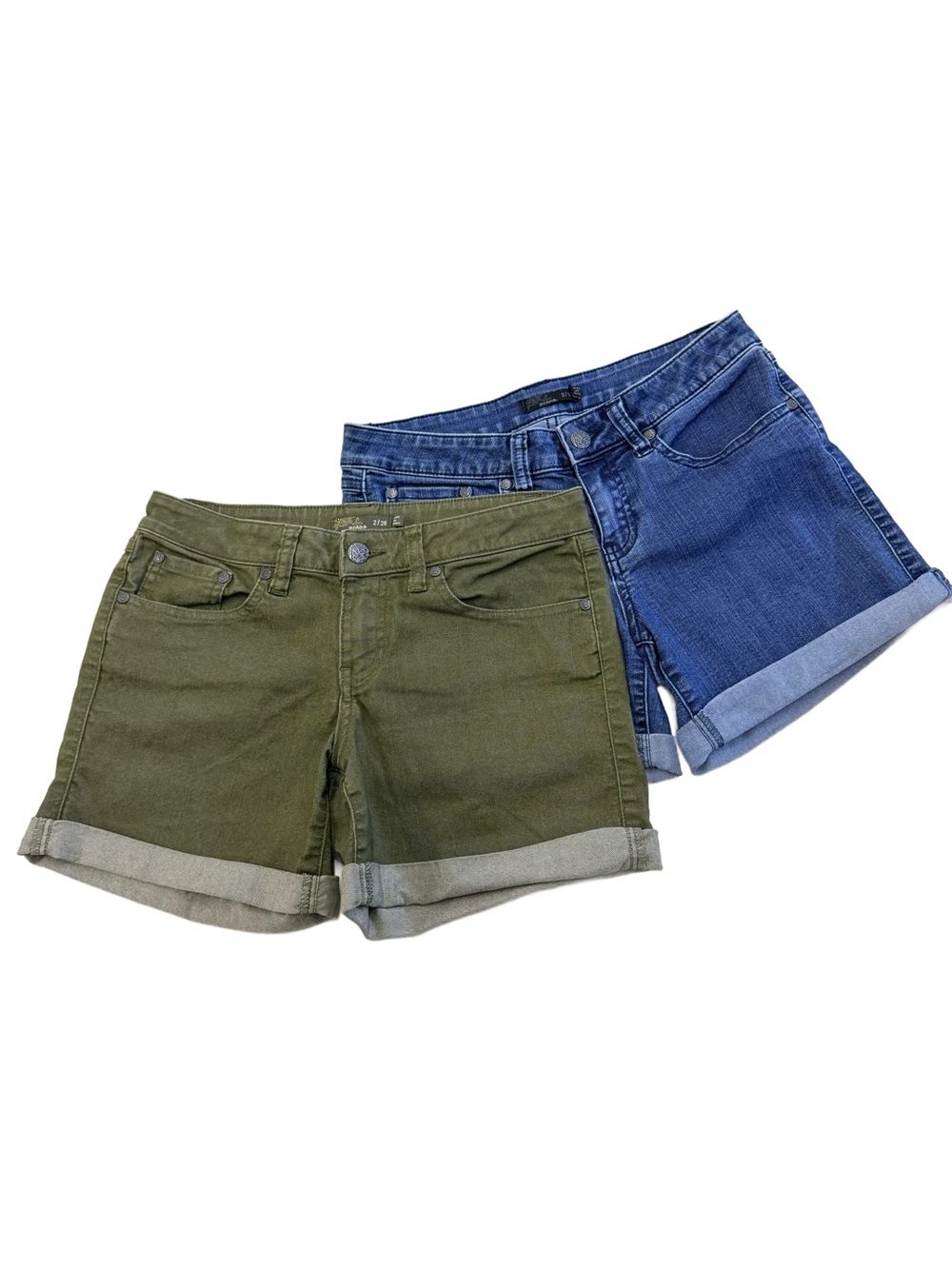 Lot of 2 prAna Kara Organic Cotton Stretch Denim Shorts Olive Green Blue Sz 2/26